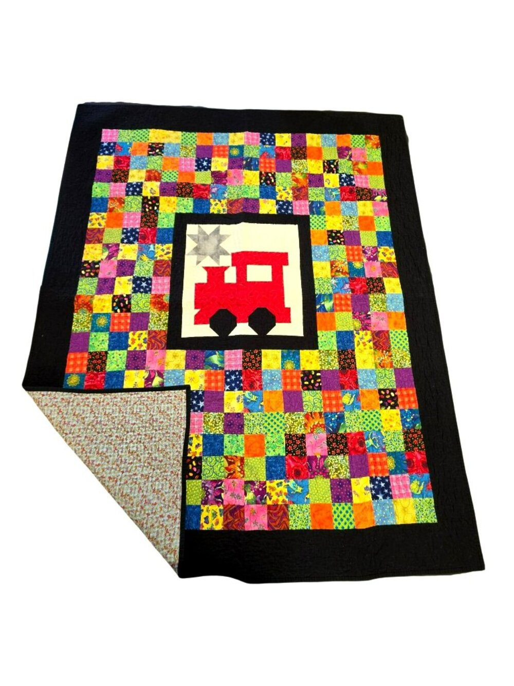Handmade Childrens Patchwork Quilt Red Train 70X57 Multicolor Squares Reversible